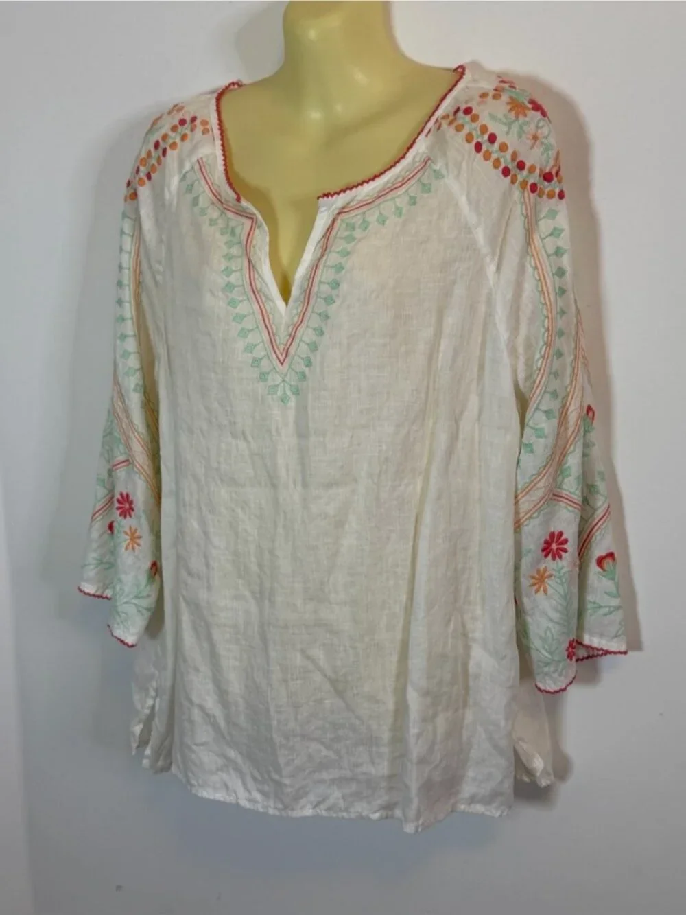 Embroidered Boho White Peasant Top with Mint & Coral Accents